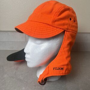 Filson Tin Cloth Hunting Hat Blaze Orange Wool Lined Ear Flaps Made in USA M